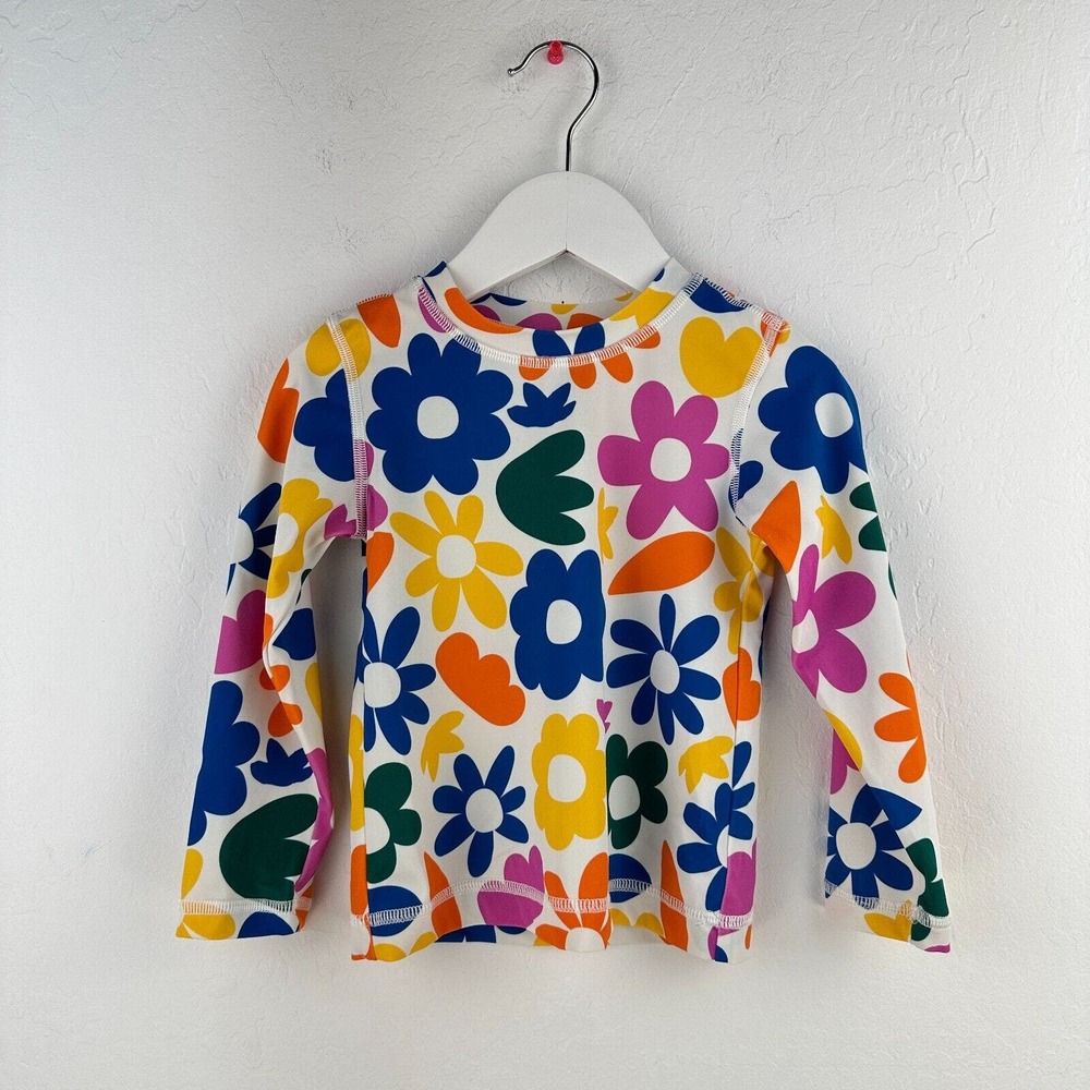 Hanna Andersson Swim Top Kids 3T White Pink Floral Stretch Long Sleeve Pullover